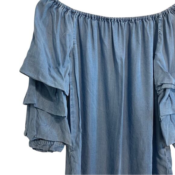 Zara Blue Chambray Off Shoulder Ruffle Sleeve Mini Dress - Picture 2 of 9